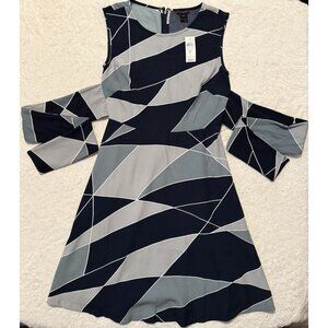 NWT Ann Taylor Factory Petite Geometric Patterned Dress Navy Blue & Grey Size 2